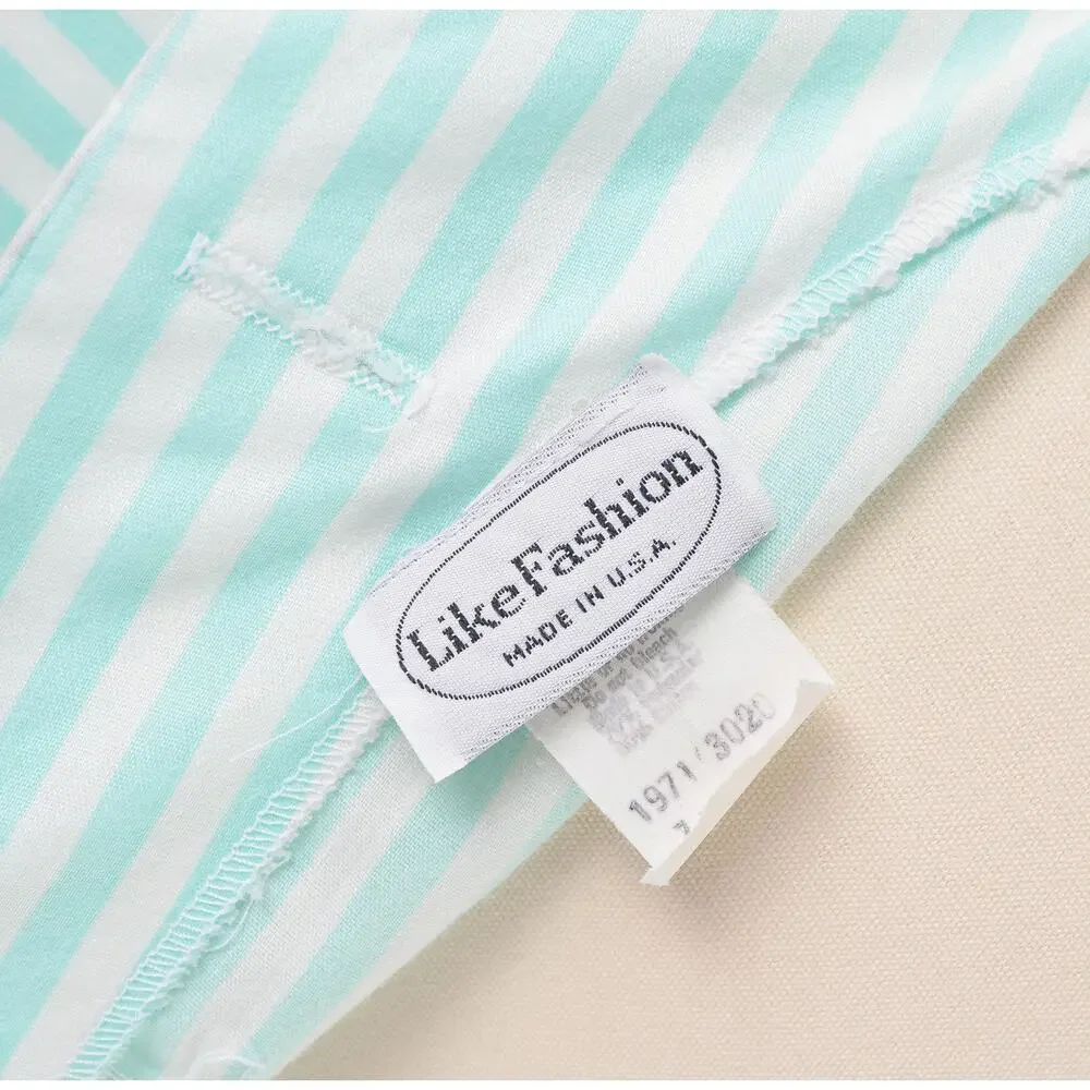 Vintage 80s Pastel Striped Dress Aqua White Cotton Blend Midi Sundress Bow S
